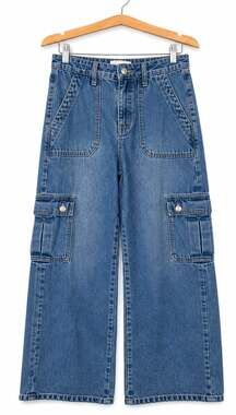 Vervet Los Angeles High Rise Wide Leg Cargo Denim Jeans Light Wash